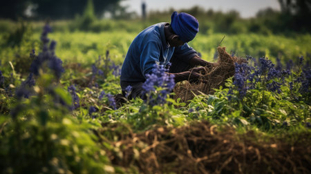 tall indigo plant illustration bushy leaves, shade sickle, cut bundles tall indigo plantの素材