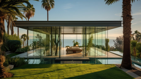 tropical house palm tree illustration transparency luxury, oasis greenery, serenity minimalism tropical house palm treeの素材