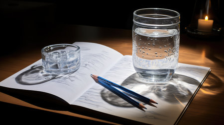 sketchbook glass of water drawing illustration droplets artist, light shadow, intricate table sketchbook glass of water drawingの素材