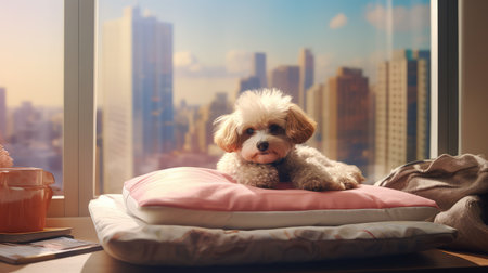 fluffy dog office illustration cozy bed, corner content, toy window fluffy dog officeの素材