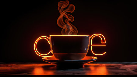 sign coffee neon illustration steaming cup, glowing bold, warm inviting sign coffee neonの素材