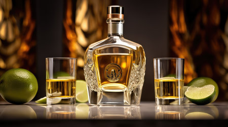 glass tequila bottles illustration golden liquid, modern clear, close up glass tequila bottlesの素材