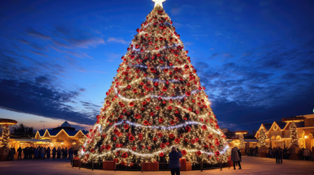massive christmas tree big illustration picturesque town, square decorated, ornaments festive massive christmas tree bigの素材