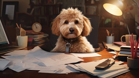 poodle dog at a desk illustration fluffy work, office ppers, computer screen poodle dog at a deskの素材