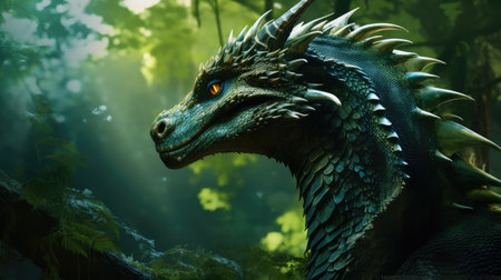 forest green dragon scales illustration profile contrast, foliage trees, light dark forest green dragon scalesの素材