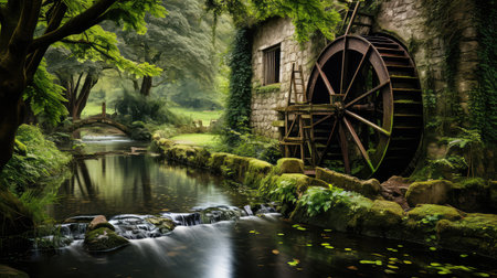 greenery mill water wheel illustration stream tranquil, flowing peaceful, idyllic nature greenery mill water wheelの素材
