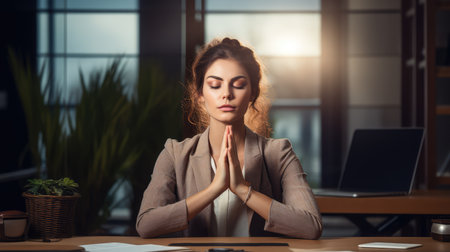 breath meditation woman desk illustration calm focus, tranquility relaxation, serenity concentration breath meditation woman deskの素材