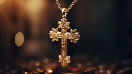 jewelry gold crucifix illustration pendant chain, ornate shine, light close jewelry gold crucifixの素材