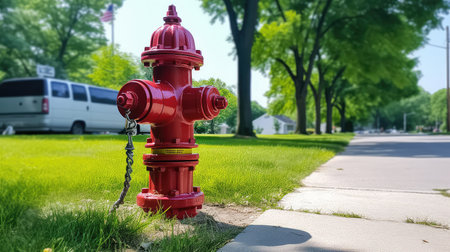 safety fire hydrant with hose illustration emergency corner, sidewalk grass, trees background safety fire hydrant with hoseの素材