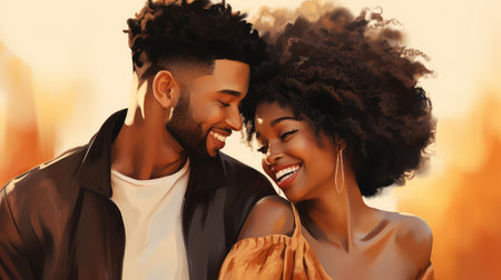 hair black couple home illustration natural coils, waves laughing, embracing unique hair black couple homeの素材