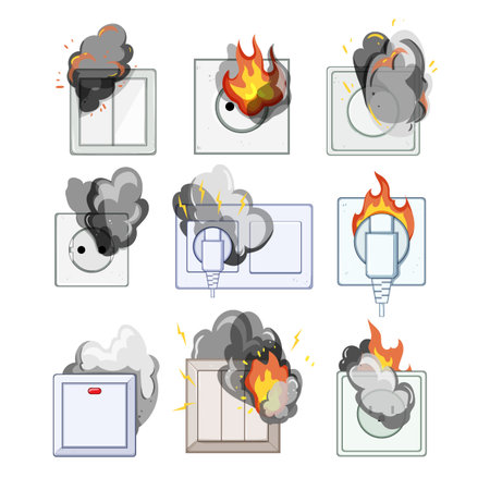 short circuit fire set cartoon vector illustrationのイラスト素材