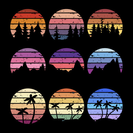 retro sunset set cartoon vector illustrationのイラスト素材