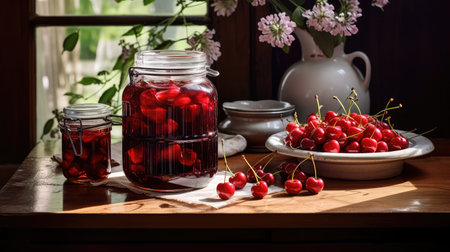 preserved cherries on tableの素材