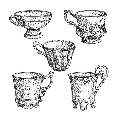 porcelain cup set sketch hand drawn vectorのイラスト素材