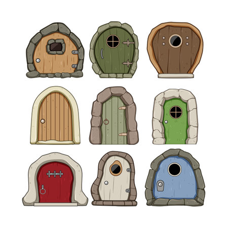 wooden door fairy tale house set cartoon vector illustrationのイラスト素材