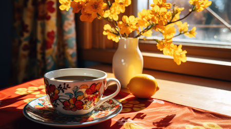 colorful coffee cup on a tableの素材