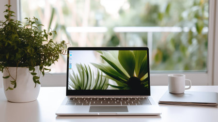 silver laptop on desk on whiteの素材