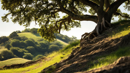 light oak tree on hillの素材