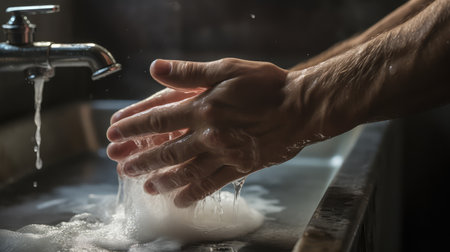 scrubbing washing hands with soap and waterの素材