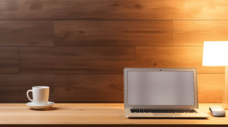 desk laptop and white mugの素材