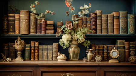 wooden old books on shelfの素材