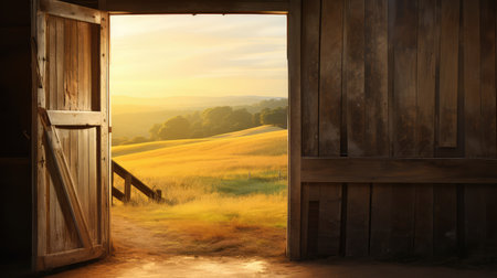 meadow open door with lightの素材