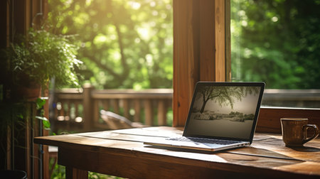garden laptop on wood deskの素材