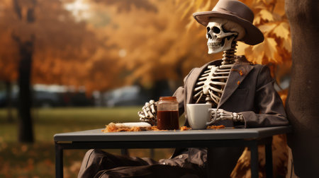 autumn skeleton drinking coffeeの素材