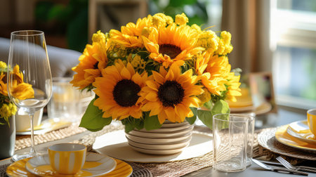 dining sunflowers on tableの素材