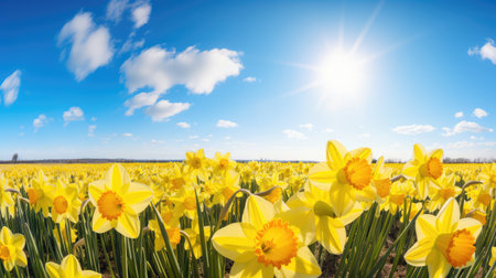 yellow spring flowers blue skyの素材