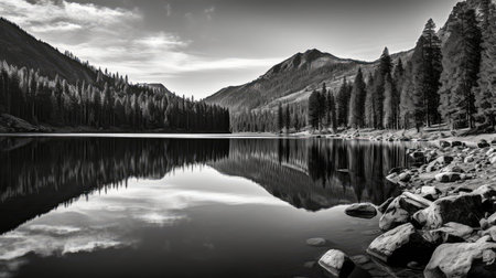 reflection mountain lake black and whiteの素材