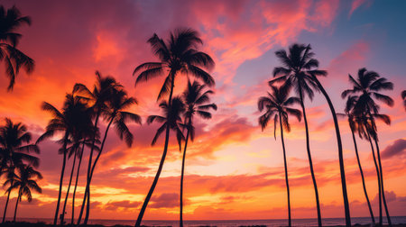 silhouette sunset palm treesの素材