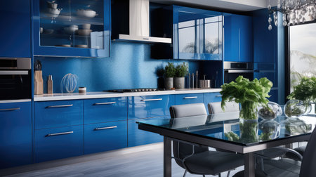 cabinets shiny blue illustration modern sleek, stainless appliances, stylish bright cabinets shiny blueの素材