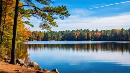 reflection blue water circle illustration vibrant sky, mirror trees, autumn colors reflection blue water circleの素材