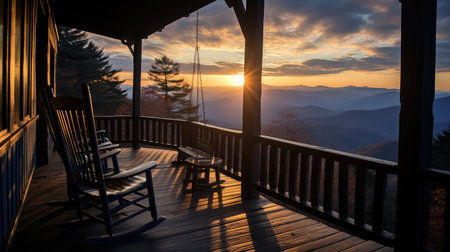 mountains blue ridge illustration cabin rustic, porch rockingchairs, scenic majestic mountains blue ridgeの素材