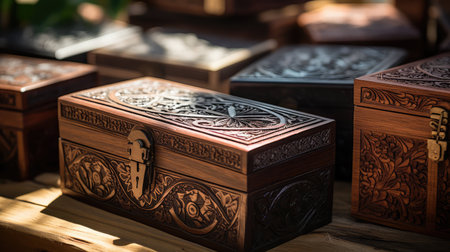 intricate wooden boxes illustration detail warm, tone rustic, charm appearance intricate wooden boxesの素材