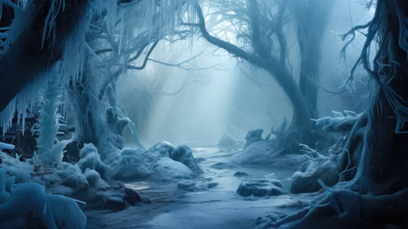 otherworldly blue frost illustration magical world, trees bushes, coated thick otherworldly blue frostの素材