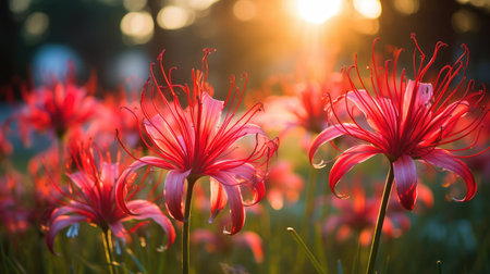 field red spider lily illustration cluster sunlight, glow grass, nature garden field red spider lilyの素材