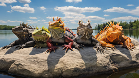 rocky water dragon illustration outcrop lake, huddled warmth, sun peaceful rocky water dragonの素材