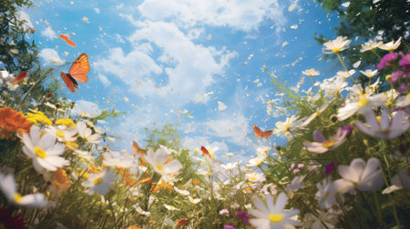 wildflowers spring flyers illustration breeze petals, sunlight bees, pollinating blooms wildflowers spring flyersの素材