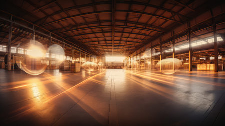 warm blurred 360 view warehouse interior illustration hues setting, backdrop dreamlike, image tranquility warm blurred 360 view warehouse interiorの素材