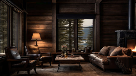 interior dark wood paneling illustration floor ceiling, texture warm, inviting hue interior dark wood panelingの素材