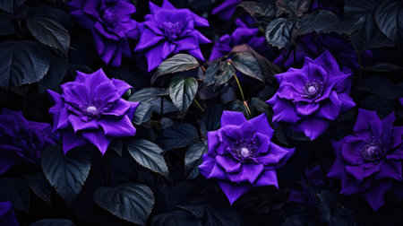 setting dark purple flowers illustration lush green, vibrant blooms, composition image setting dark purple flowersの素材