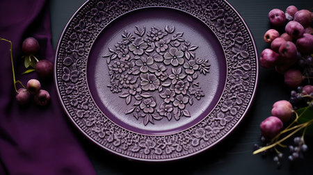 ceramic dark purple pattern illustration plate floral, motifs lace, delicate feminine ceramic dark purple patternの素材