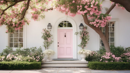 cottage light pink paint illustration whimsical facade, greenery harmonious, picturesque exterior cottage light pink paintの素材