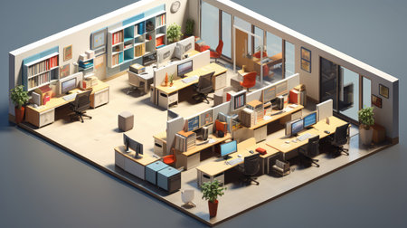 office interior isometric illustration arrangement desk, chairs storage, space furniture office interior isometricの素材