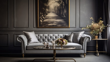 velvet gray couch illustration tufted luxurious, elegant opulence, plush upholstery velvet gray couchの素材