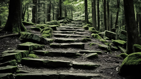 footsteps gray stone illustration woods explore, contrast vibrant, green foliage footsteps gray stoneの素材