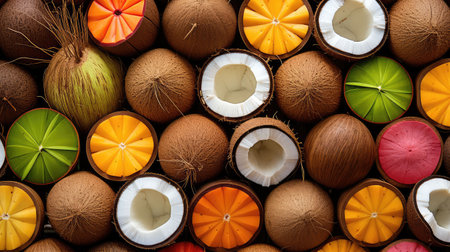 creative fruit coconut background illustration hollowed dragon, passion lychee, diversity beauty creative fruit coconut backgroundの素材