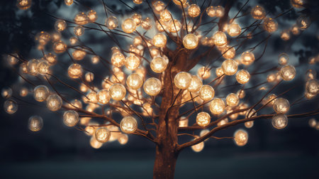 close light bulb tree illustration up intricate, details blossoms, branches gracefully close light bulb treeの素材